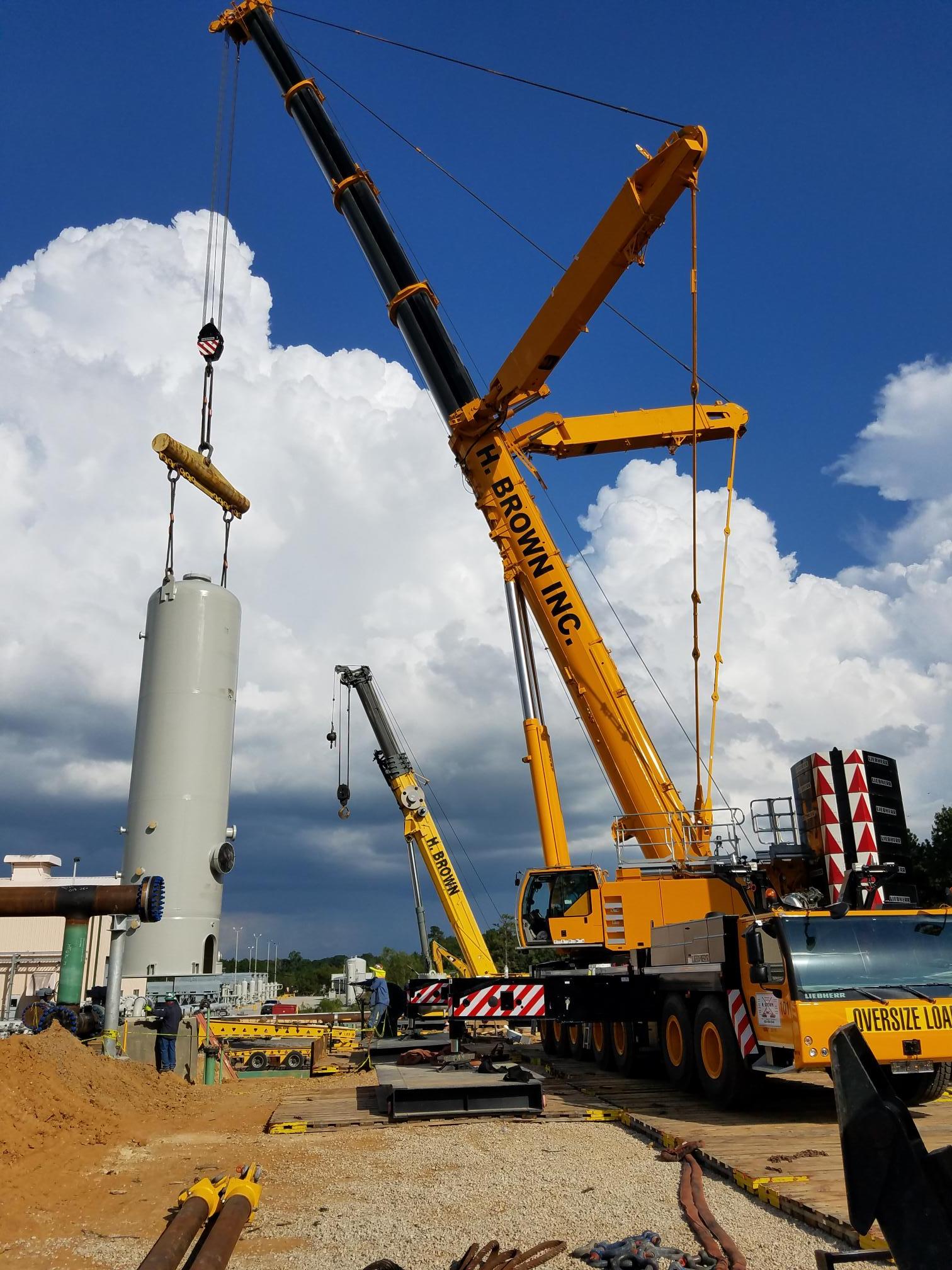 H. Brown, Inc. crane and heavy hauling service transported and set a tower at a gas plant in Central Louisiana using a 500t crane.