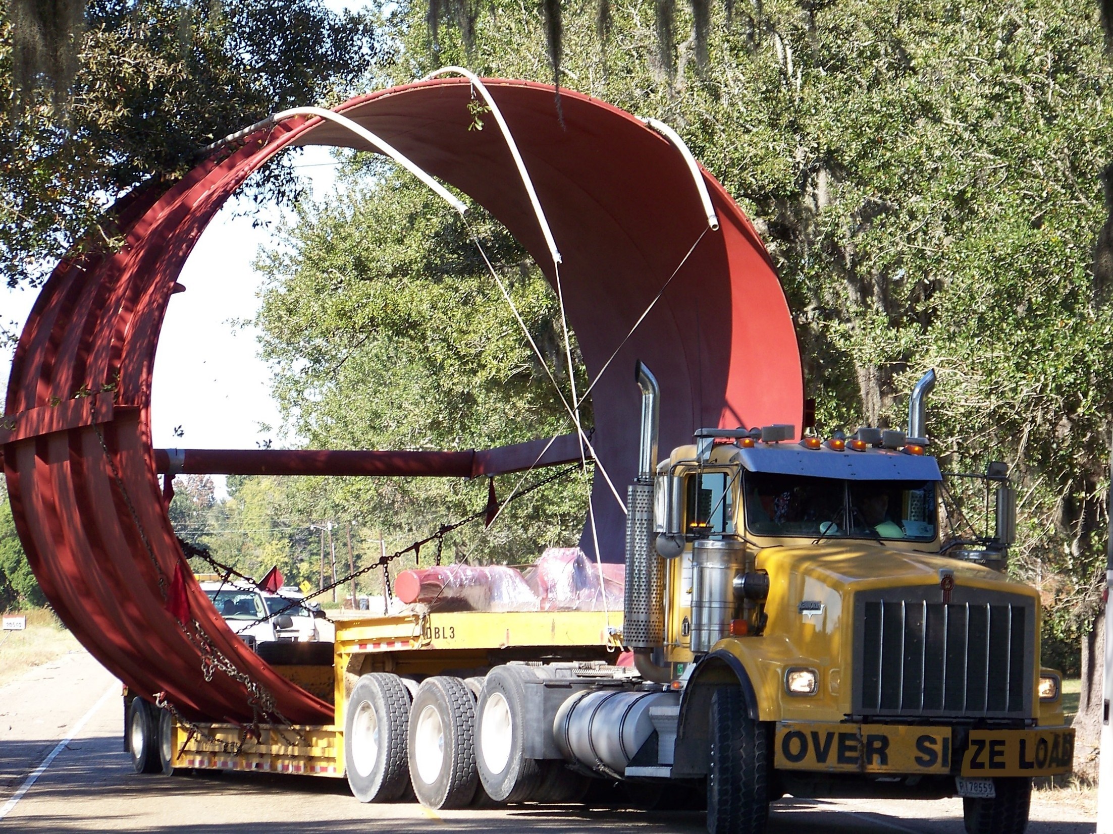 H. Brown, Inc. heavy hauling service transporting a 20’ diameter shell in South Louisiana.